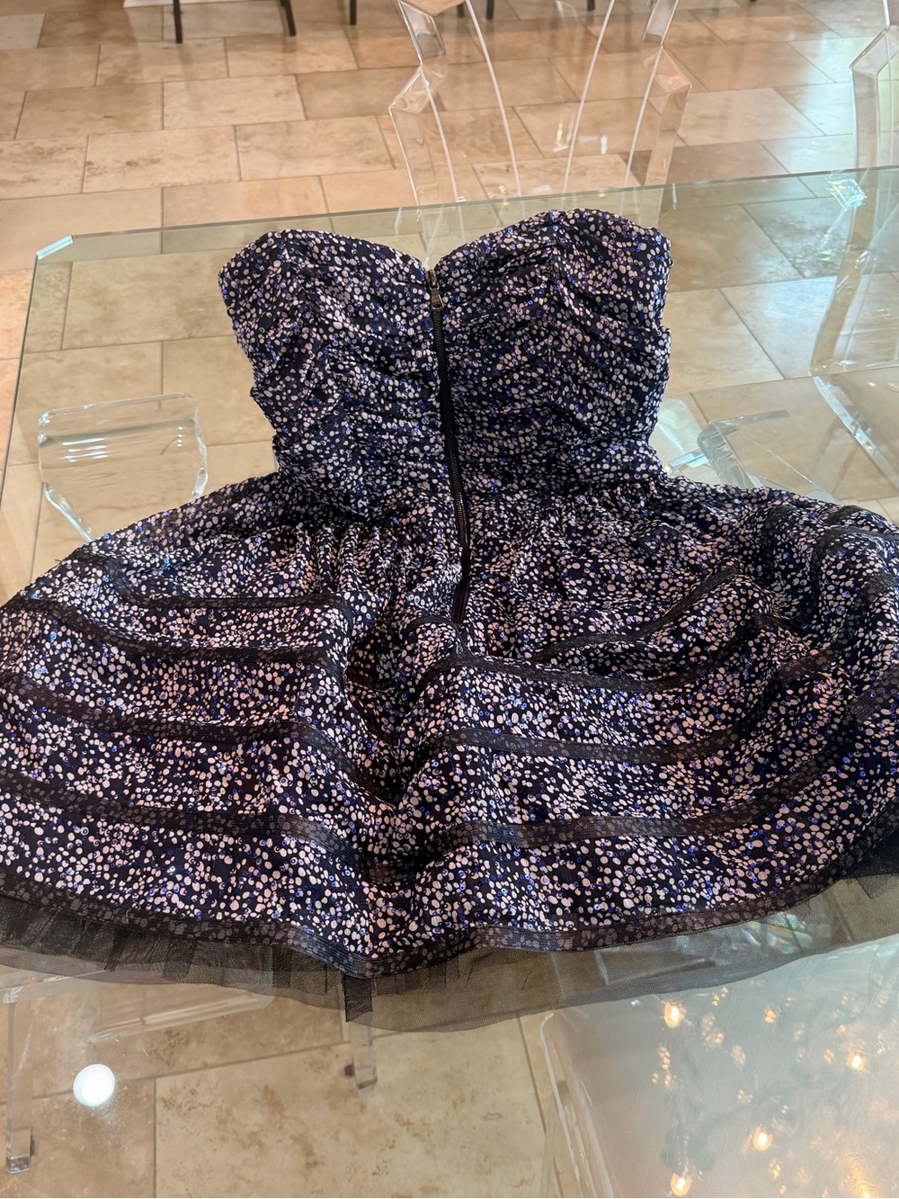 Betsey Johnson Navy Strapless Floral Party Dress with Pink and White Dots